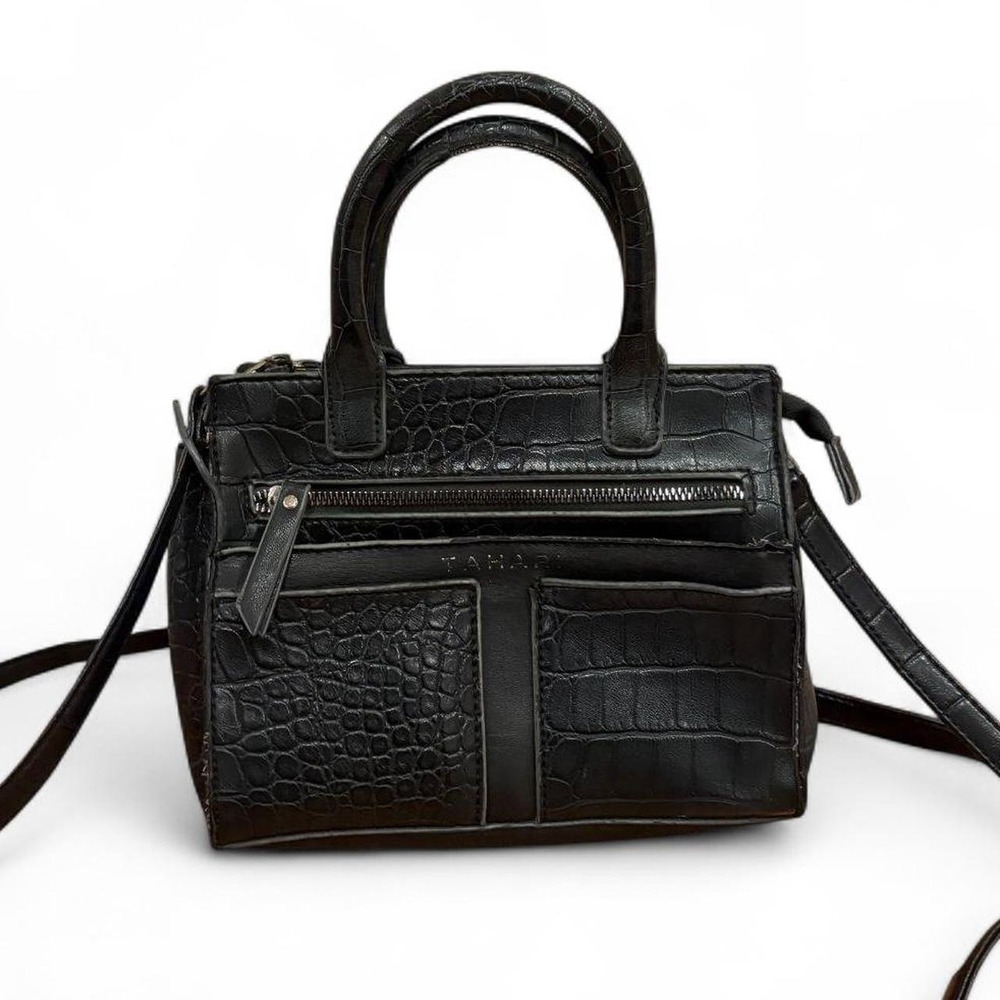 Tahari Vintage Black Croc Embossed Mini Crossbody Top Handle Handbag